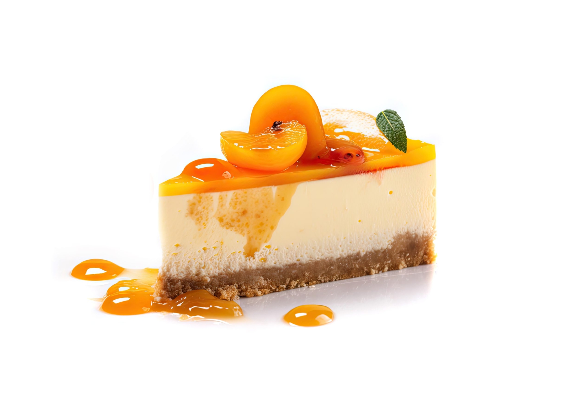 Apricot Cheesecake Isolated, Cheesecake Pastry, Peach Cream Cheese Dessert with Orange Fruits on White Background, Abstract Generative AI Illustration